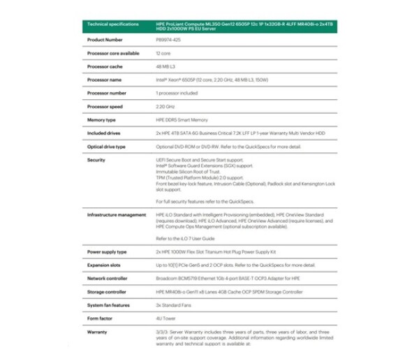 HPE PL ML350g12 6505P (2.2/12C) 1x32G (P69727) 2x4TB 4LFF MR408i-o2x1000W 1GbE NBD333 Smart Choice EDF_1580582621