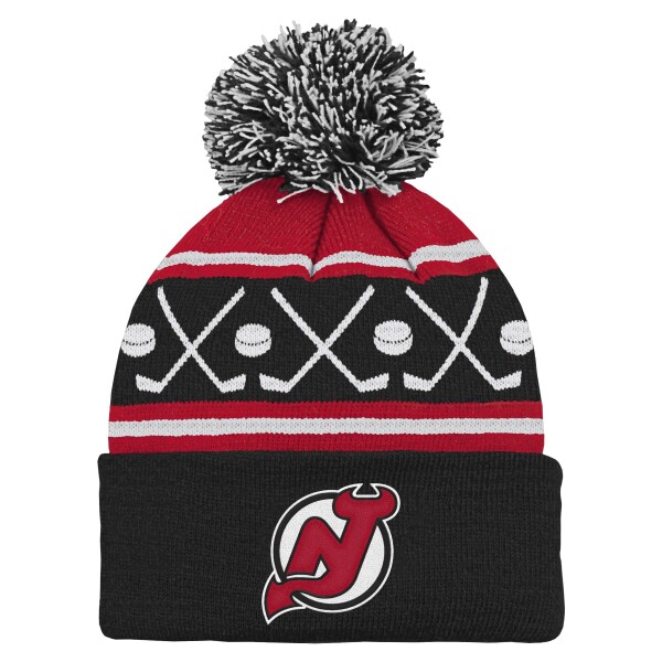 Outerstuff Dětská batolecí zimní čepice New Jersey Devils NHL Face-Off Cuff Pom