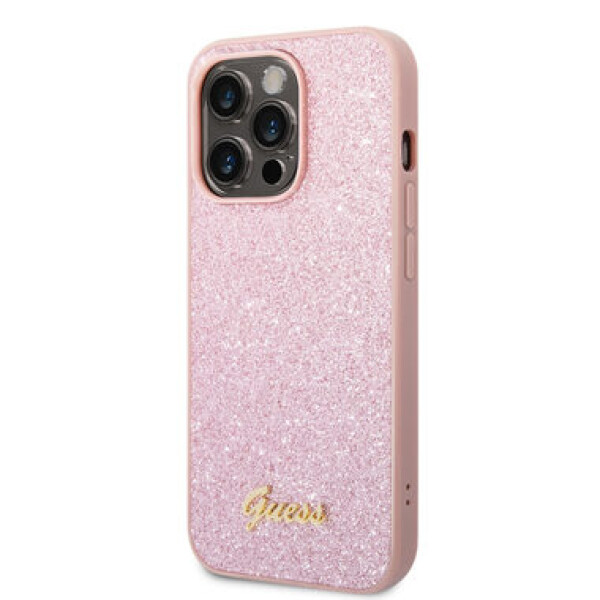 Pouzdro Guess PC/TPU Glitter Flakes Metal Logo iPhone 14 Pro Max růžové