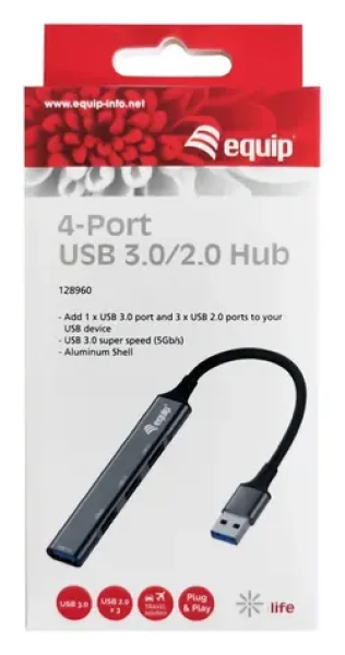 Equip USB Hub 4 porty černá / USB hub / 1× USB-A 3.2 Gen 1 + 3× USB-A 2.0 / 5 Gb/s / hliník (128960)