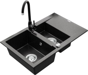 MEXEN/S - Gaspar granitový dřez 1.5 s odkapávačem včetně baterie Telma, černá/stříbrný 6507-73-670200-70