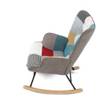 Křeslo houpací, potah patchwork látka, dřevěné nohy, masiv kaučukovník
