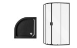 BESCO - Set čtvrtkruhový kout ZARYA BLACK + vanička ALEX STONE EFFECT - Barva rámu - Černá, Rozměr A - 90, Rozměr B - 90, Výplň - Čiré bezpečnostní sklo - 5 mm OLBZAAL90B