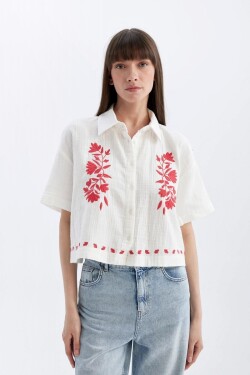 DEFACTO Oversize Fit Embroidered Muslin Short Sleeve Shirt