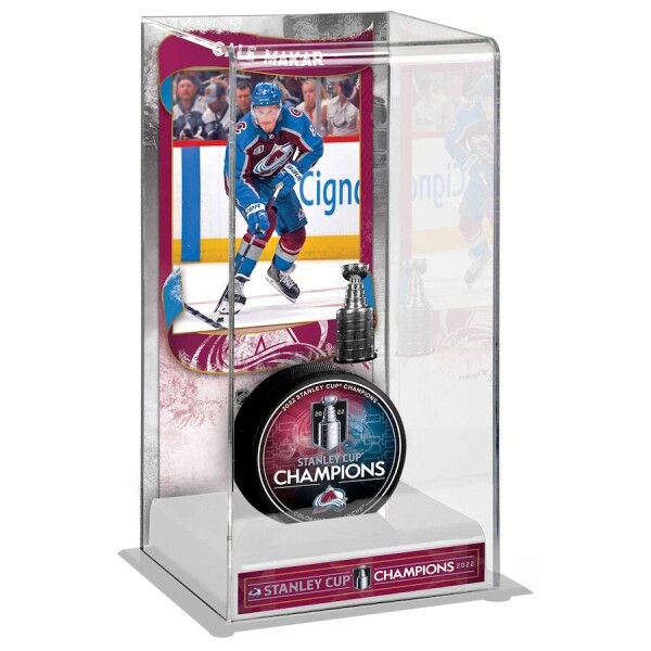 Fanatics Vitrína na puk Colorado Avalanche 2022 Stanley Cup Champions Cale Makar Logo Deluxe Tall Hockey Puck Case