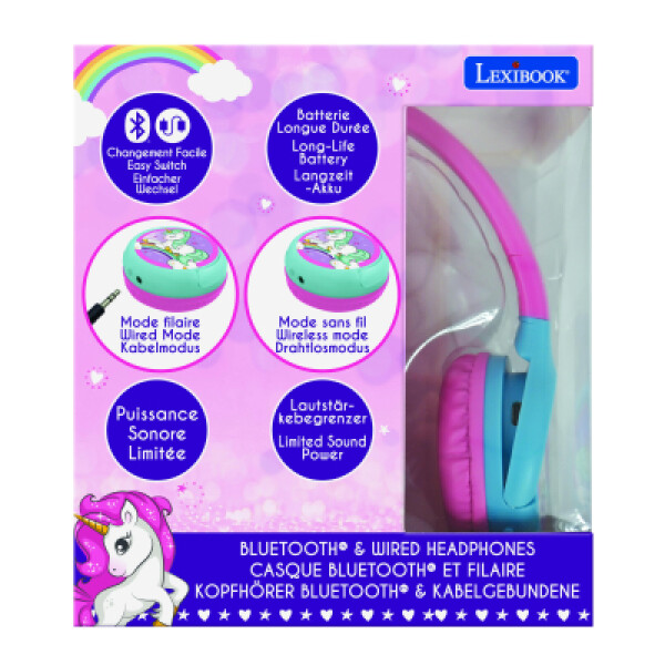 Lexibook 2v1 bluetooth skládací sluchátka Jednorožec s limitem hlasitosti