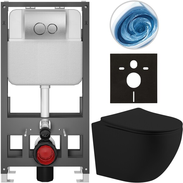 CERANO - Kompletní WC set Basic/Cesso - černá matná - WC tlačítko Dualo/Stříbrná - volně stojící - předstěnová instalace - 49x36 CER-8050BD86207