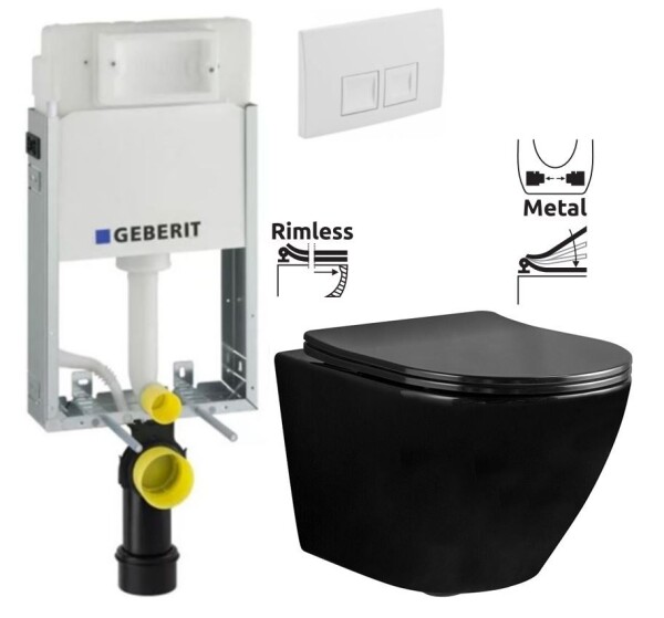 GEBERIT KOMBIFIXBasic vč. bílého tlačítka DELTA 50 + WC REA CARLO MINI RIMFLESS ČERNÁ + SEDÁTKO 110.100.00.1 50BI CL1