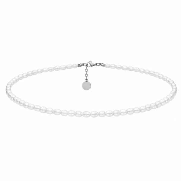 Perlový choker náhrdelník Emilie - chirurgická ocel, sladkovodní perla, Stříbrná 45 cm + 3 cm (prodloužení)