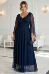 655-3 Dlouhé lehké třpytivé šaty s výstřihem a průhlednými rukávy - tmavě modré UNI