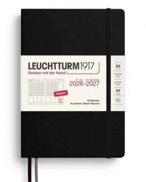 Akademický týdenní plánovač Black, Medium A5 2027, 18měs., Black, anglicky