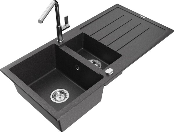 MEXEN - Andres granitový dřez s odkapávačem včetně baterie Flora, černá nakrapiany 6515-76-670401-00