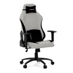 Herní křeslo, stříbrná látka, houpací mechanismus, polohování opěradla 90°-180°, 3D područky, polštáře z paměťové pěny,