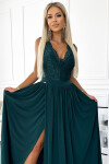 211-6 Dlouhé šaty LEA s krajkovým výstřihem - BOTTLE GREEN S