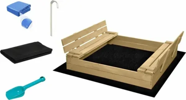 SAND TROPIC Dřevěné pískoviště s lavičkami a příslušenstvím 150x137cm (přírodní)