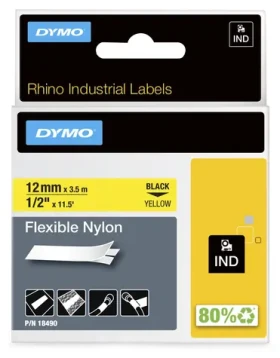 Dymo Rhino páska 12mm x 3,5m černá na žluté / Páska do štítkovače / Nylon / Voděodolná / UV odolná (18490)
