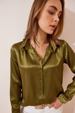 Happiness İstanbul Women's Green Lightly Draped Satin Surface Shirt