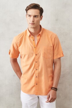 AC&Co Altınyıldız Classics Men's Orange Comfort Fit Relaxed Cut Buttoned Collar Linen Look 100% Cotton Short Sleeve Shirt