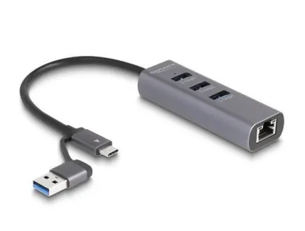 DeLock 3 Port USB 5 Gbps + Gigabit LAN šedá / USB hub / USB-C / 3× USB-A 5 Gbps / 1× RJ-45 / 0,2 m (64282)