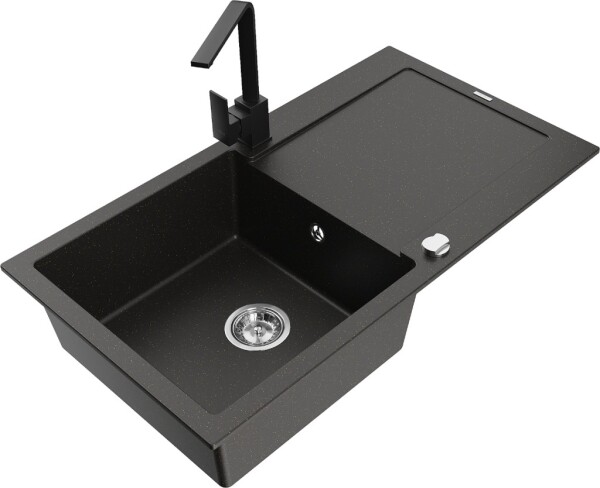 MEXEN/S - Leo granitový dřez 1-miska s odkapávačem včetně baterie Rita, černý/zlatý metalik 6501-75-670300-70