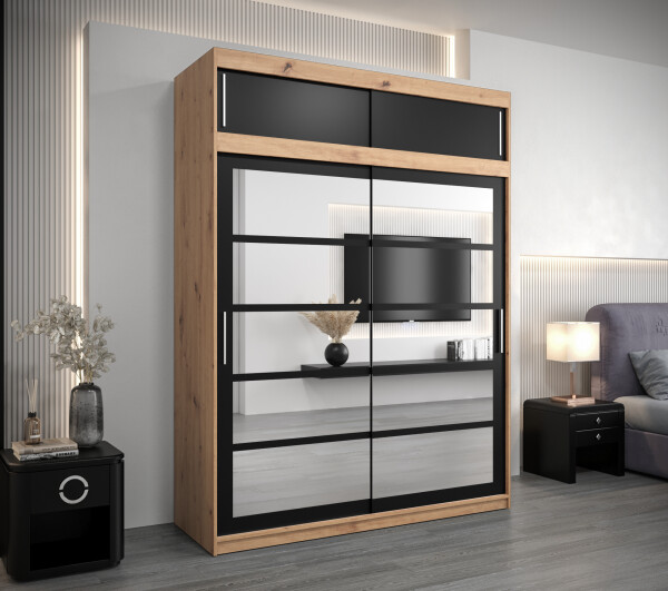 Šatní skříň Abi Ro2 s nástavcem Barva korpusu: Dub artisan, Rozměry: 200 cm, Dveře: Černá