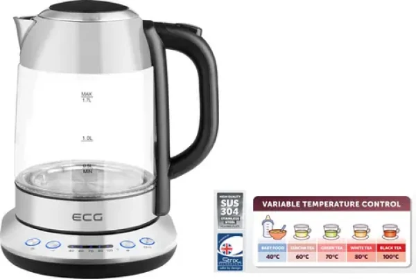 ECG RK 1781 Glass stříbrná / rychlovarná konvice / 2200W / 1.7 L / sklo a nerez (100001129819)
