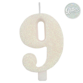 Svíčka číslo 9 bílá s glitrem 9,5 cm Svíčka číslo 9 bílá s glitrem 9,5 cm