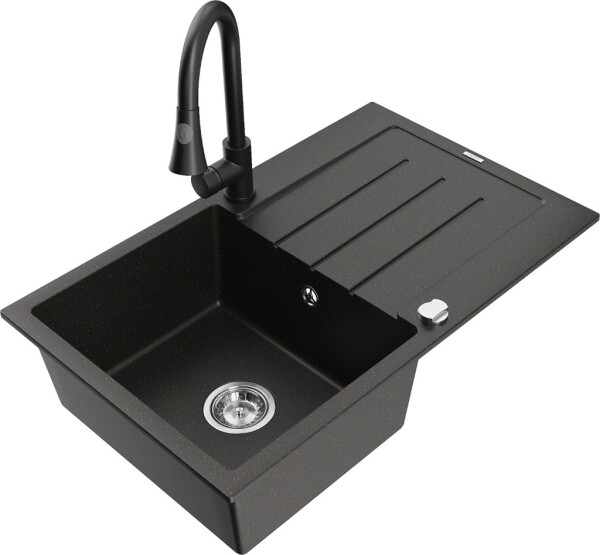 MEXEN/S - Bruno granitový dřez 1 s odkapávačem včetně baterie Elia, černá/zlatá metalik 6513-75-670101-70