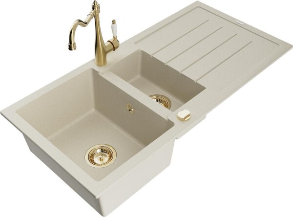 MEXEN - Andres granitový dřez s odkapávačem včetně baterie Carla, béžová 6515-69-670700-50