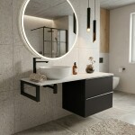 CERANO - Koupelnová skříňka Velora - černá matná, úchytka chrom + deska pod umyvadlo z lit. mramoru Elanys - 12 mm + konzole černá - 120x54,2x46,5 CER-679358
