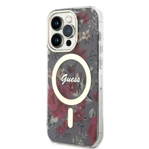 Pouzdro Guess PC/TPU Flowers IML MagSafe Kompatibilní iPhone 14 Pro Kaki