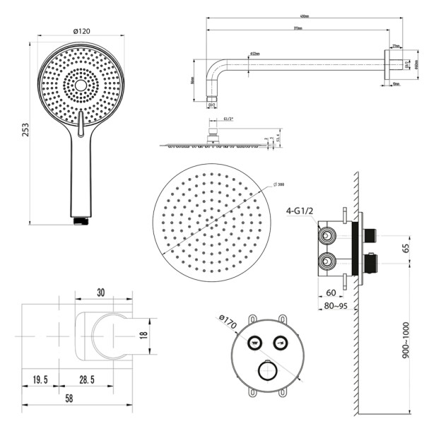 SAPHO - SMART SELECT podomítkový sprchový set s termostatickou baterií, 2 výstupy, vyústění, zlato mat RP032GB-01