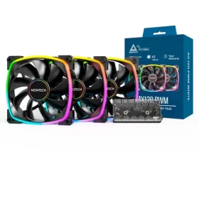 Montech AX120 PWM ARGB 3ks + porthub černá / 120mm / 27 dB @ 1600 RPM / 59 CFM / 4-Pin PWM + 3-Pin (AX120 3 IN 1 PACK (B))