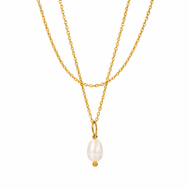 Dvojitý náhrdelník s perlou Éléonore Gold - chirurgická ocel, Zlatá 38 cm + 5 cm (prodloužení)