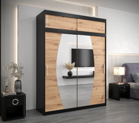 Šatní skříň Abi E0 s nástavcem Barva korpusu: Černá, Rozměry: 180 cm, Dveře: Dub artisan