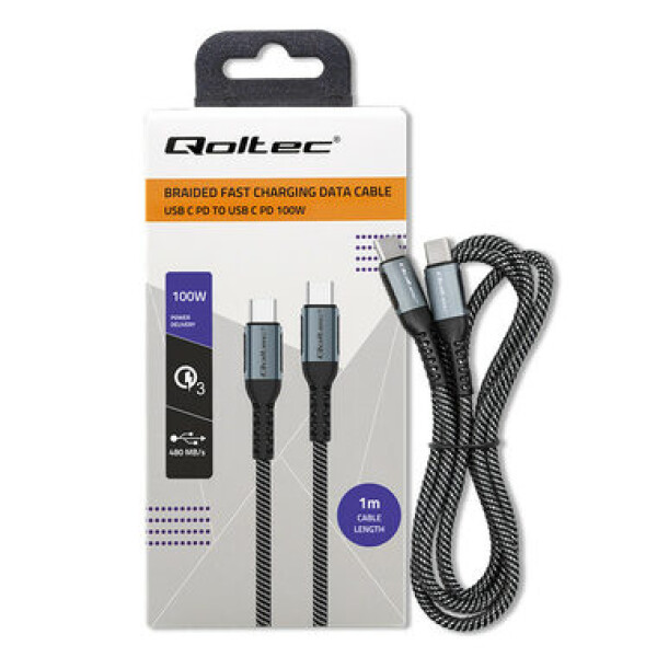 Qoltec 52357 Kabel USB-C 2.0 (M) - USB-C 2.0 (M) 1m černá / PD 100W / QC 3.0 (52357)