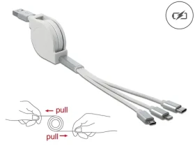 DeLock USB-A 3v1 bílá / Nabíjecí kabel / Lightning, Micro-USB, USB-C / Smotávací (85850)