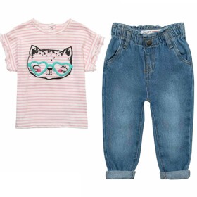 Dívčí set - tričko a kalhoty džínové, Minoti, Purrfect 1, růžová - 80/86 | 12-18m