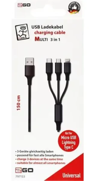 2GO 3in1 nabíjecí kabel černá / USB-A - USB-C / Micro-USB / Lightning / 1,5 m / nylon / 3 A (797153)