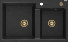 MEXEN/S - Tomas granitový dřez 2-bowl 800x500 mm, czarny/srebrny metalik, + zlatý sifon 6516802000-73-G