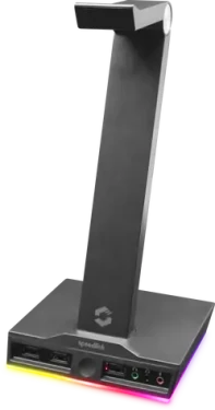 EXCELLO Illuminated Headset Stand černá / stojánek na sluchátka / 3x USB-A 2.0 / 2x 3.5mm Jack / RGB (SL-800910-BK)