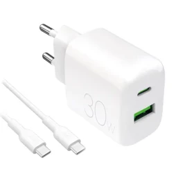 Puro PRO LITE bílá / Síťová nabíječka / USB-A + USB-C / PD 30W / kabel USB-C-USB-C 1,2m