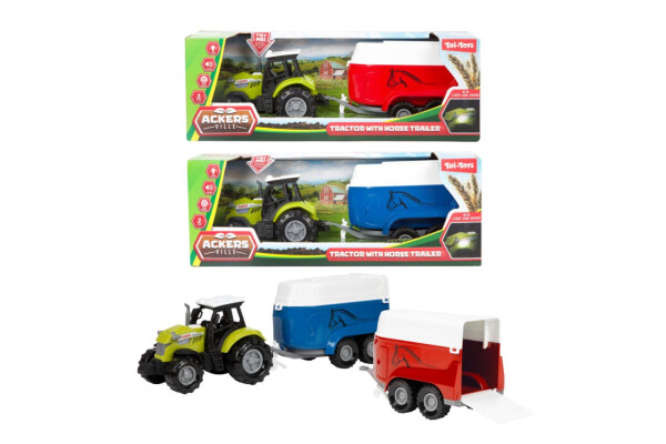 Traktor s přepravníkem na koně plast 24cm na volný chod na baterie se světlem, zvukem 2 barvy v krab