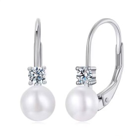 Stříbrné náušnice s perlou a 0,1 ct MOISSANITE + CERTIFIKÁT, Stříbrná Bílá