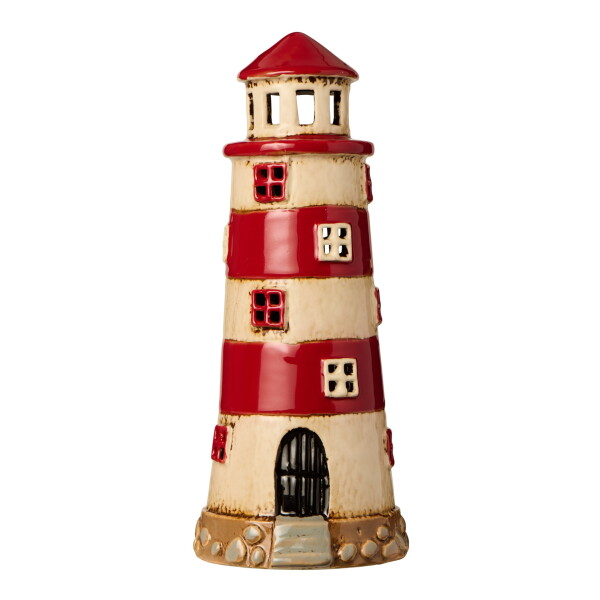 Ib Laursen Kameninový svícen Lighthouse Red Stripes, červená barva, keramika