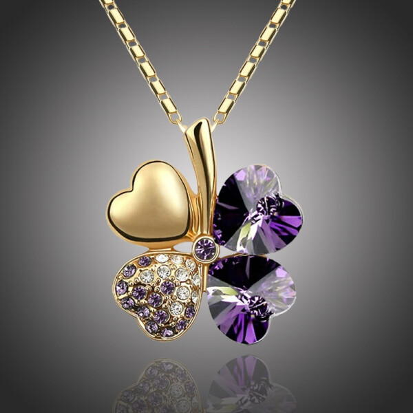 Náhrdelník Swarovski Elements Čtyřlístek - zlato tmavě fialový, Fialová 40 cm + 5 cm (prodloužení)