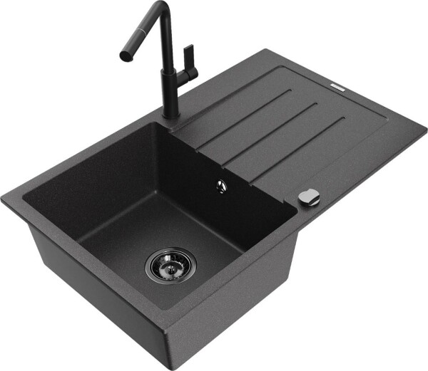 MEXEN - Bruno granitový dřez 1 s odkapávačem včetně baterie Flora, černá kropenatá 6513-76-670401-70-B