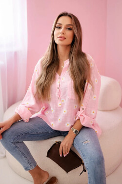 Lněná dámská halenka s květinovým vzorem, dlouhými rukávy a knoflíky Cukrová růžová UNI