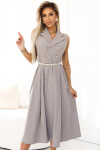 596-2 Elegantní midi košilka se zlatými knoflíky a páskem - GREY BEige UNI