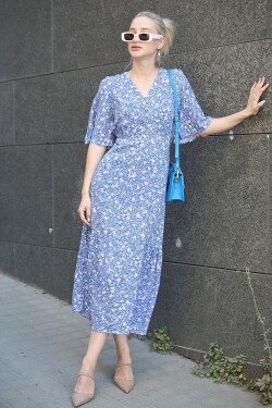 Madmext Blue Half Sleeve Long Dress
